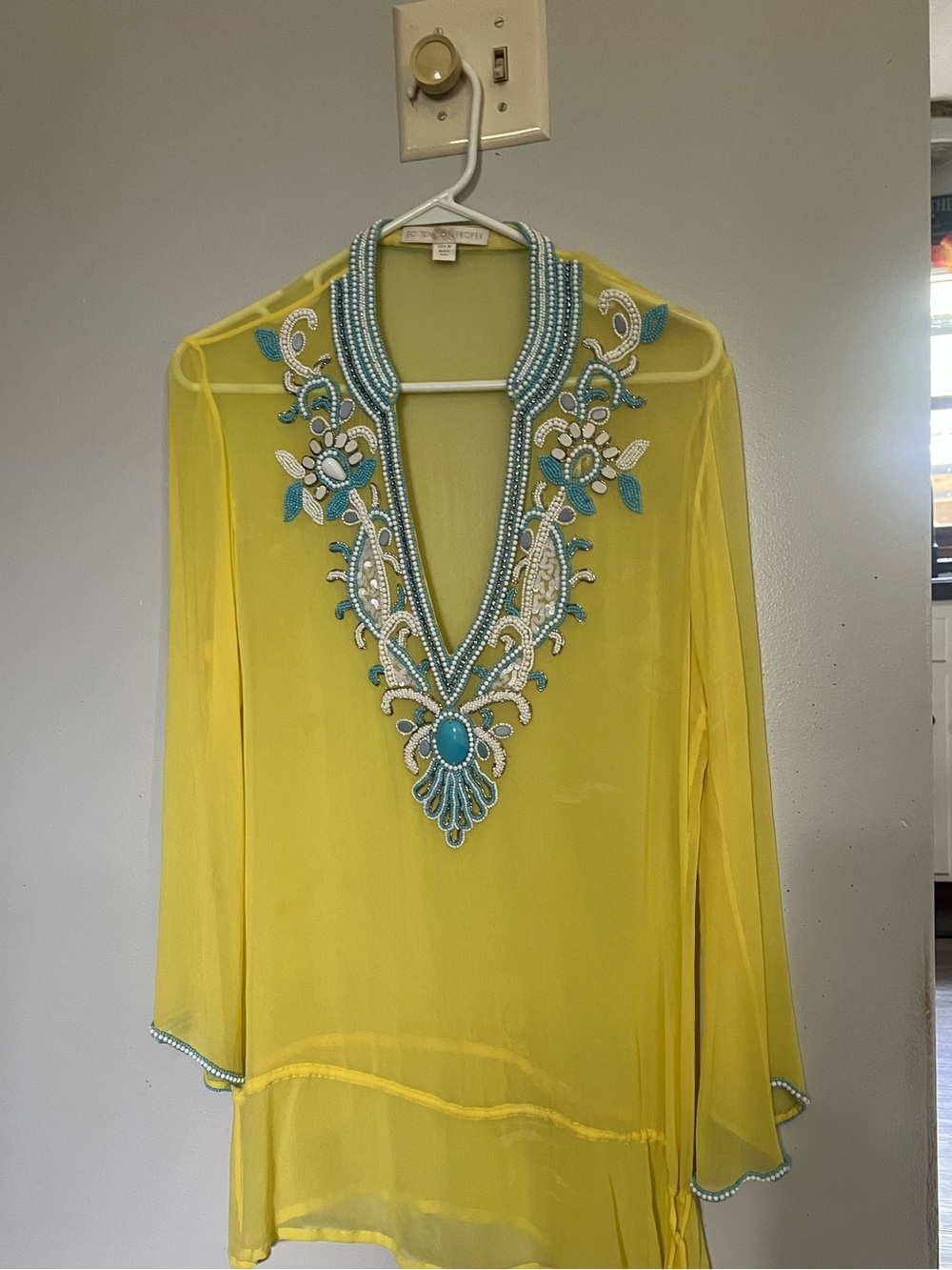 Boston Proper Yellow Sheer Tunic with Blue & White Bead Embellishment